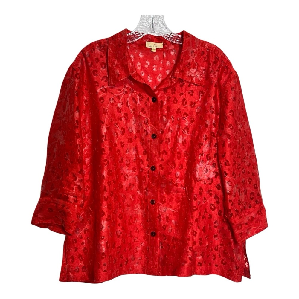 Choices Red Leopard Print Sheer Burnout Button Up Shirt Top Women's Size L